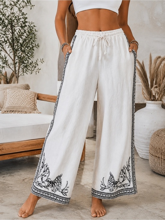 Max Studio Pants - Bohemian Max Studio Cream 55% Linen Elastic Waist Drawstring Wide Leg Pants